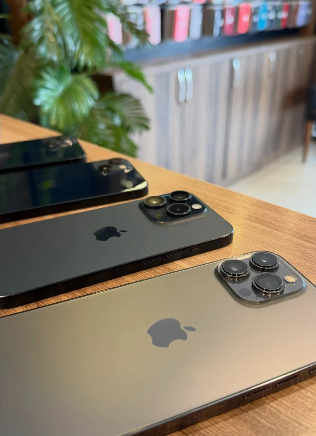 iPhones seminovos sobre o balcão da loja