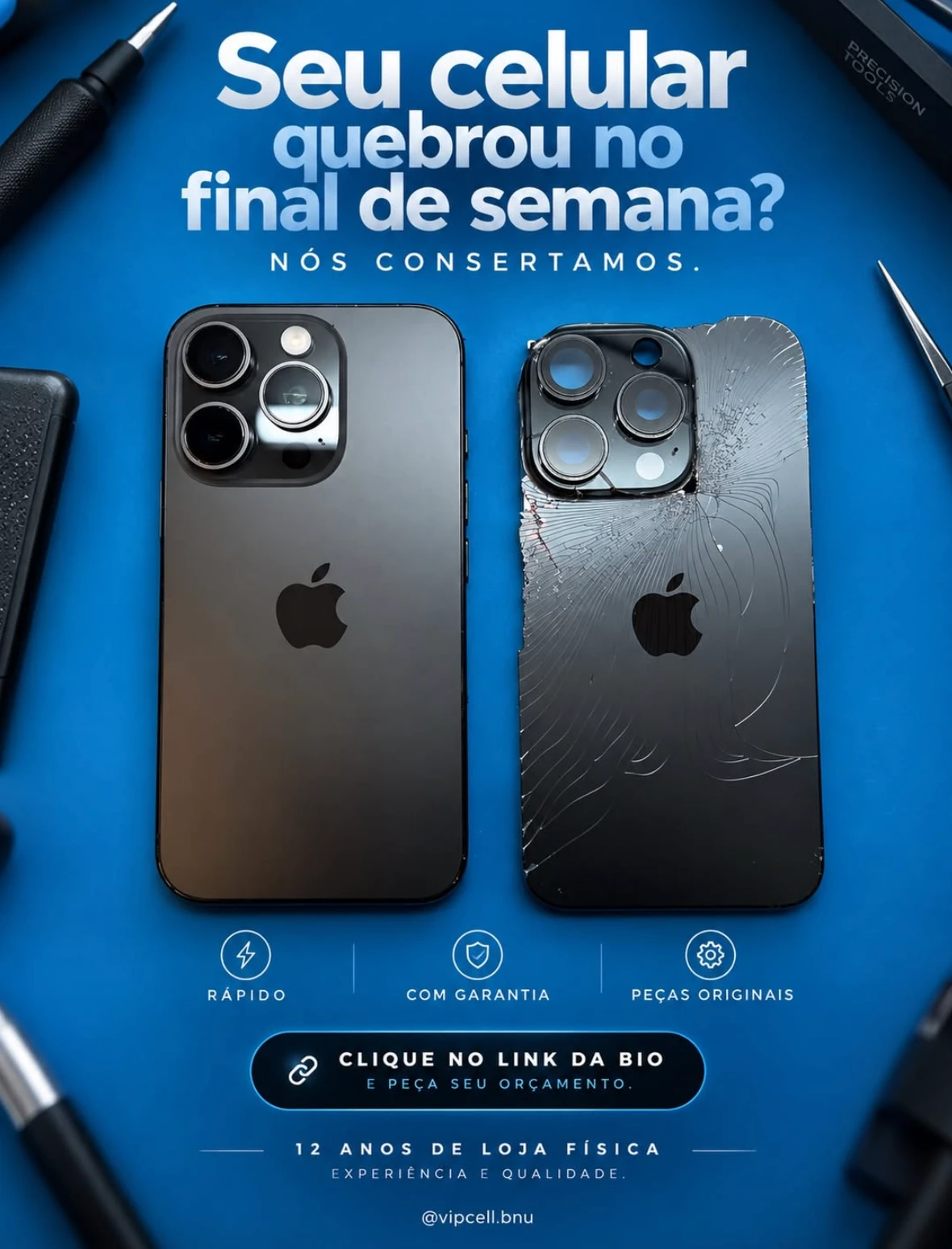 iPhone com vidro traseiro trincado ao lado de um iPhone restaurado